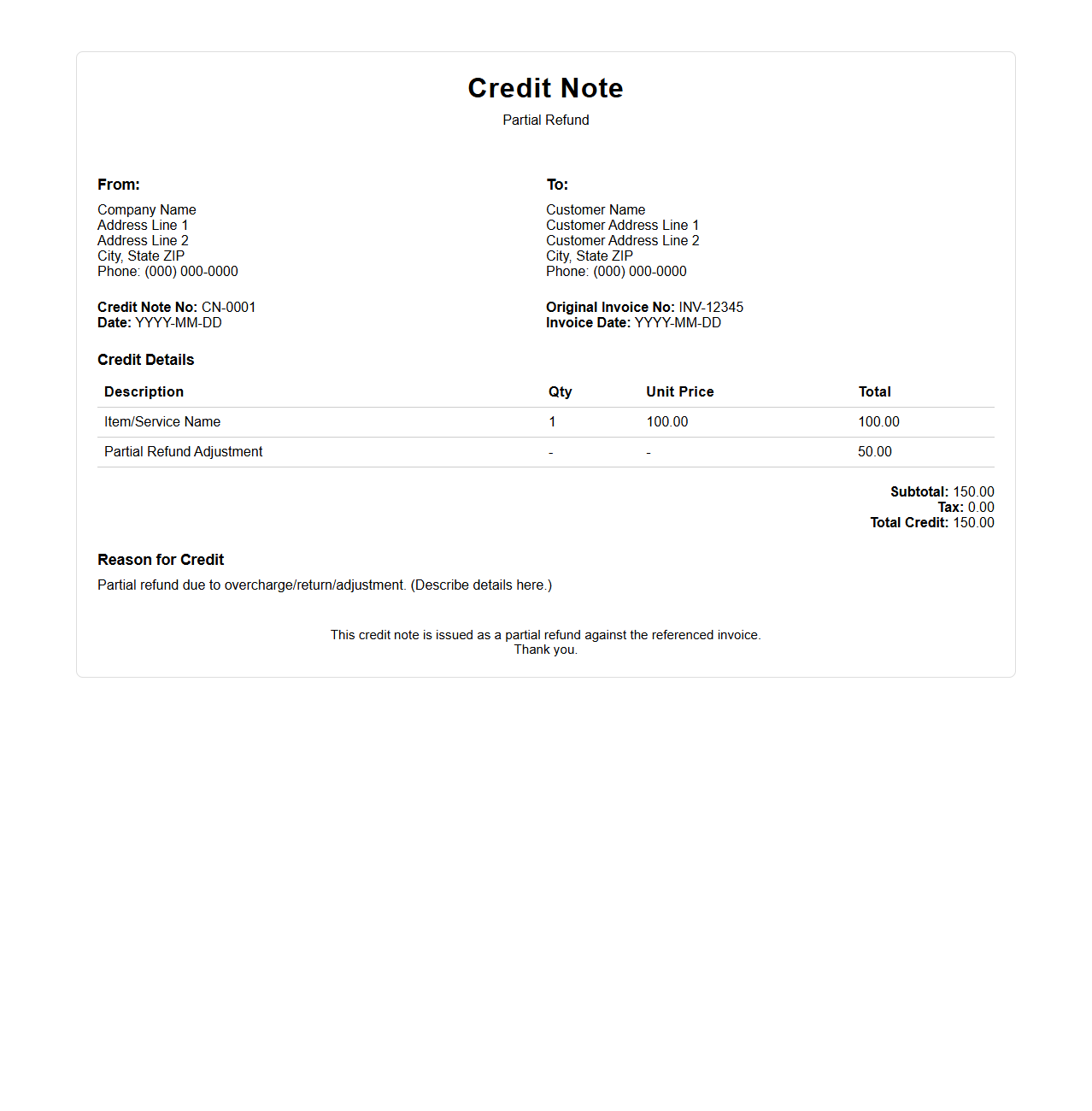 Partial Refund Credit Note Sample