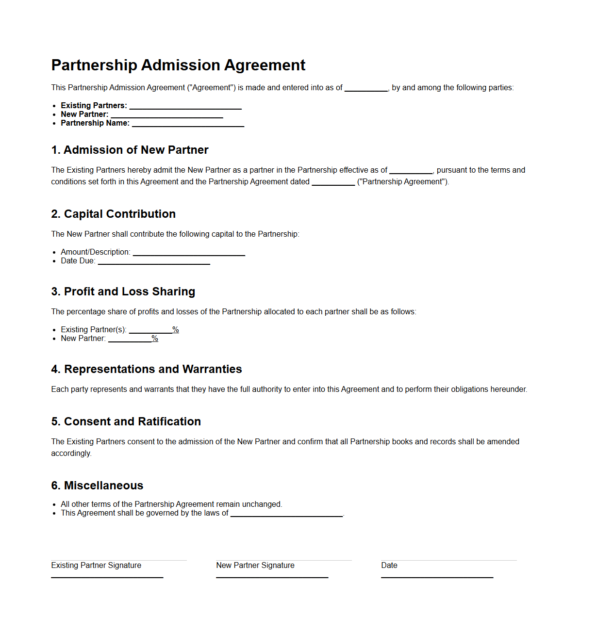 Partnership Admission Agreement Template for New Partners