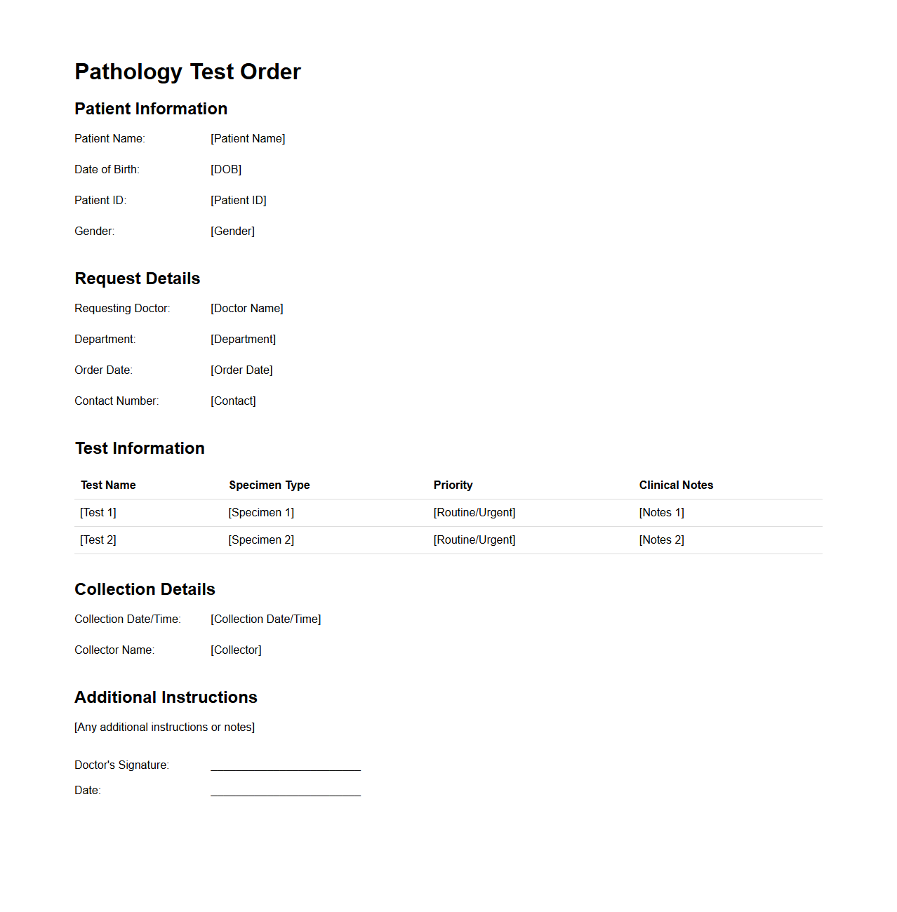 Pathology Test Order Document Example