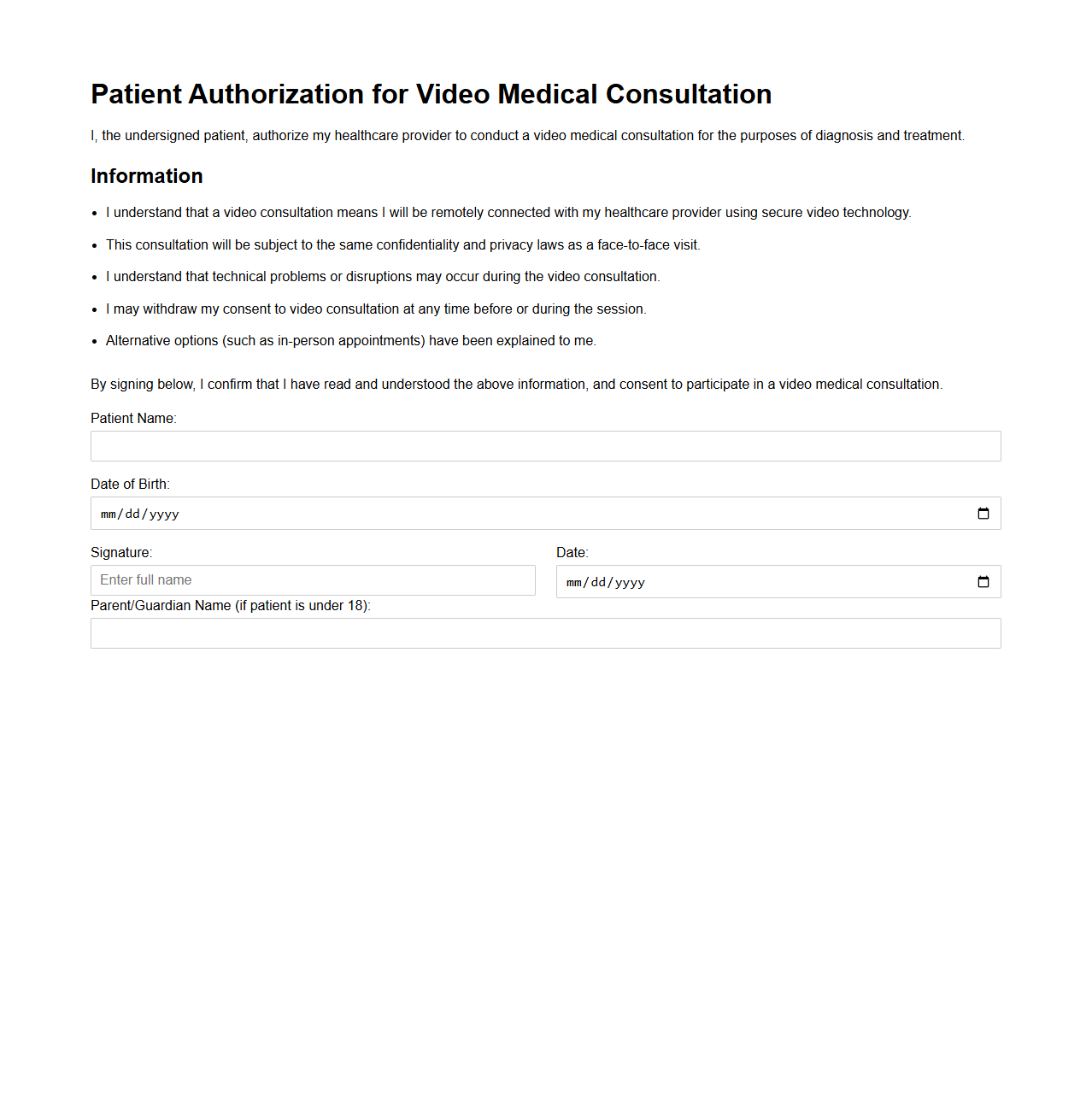Patient Authorization for Video Medical Consultation