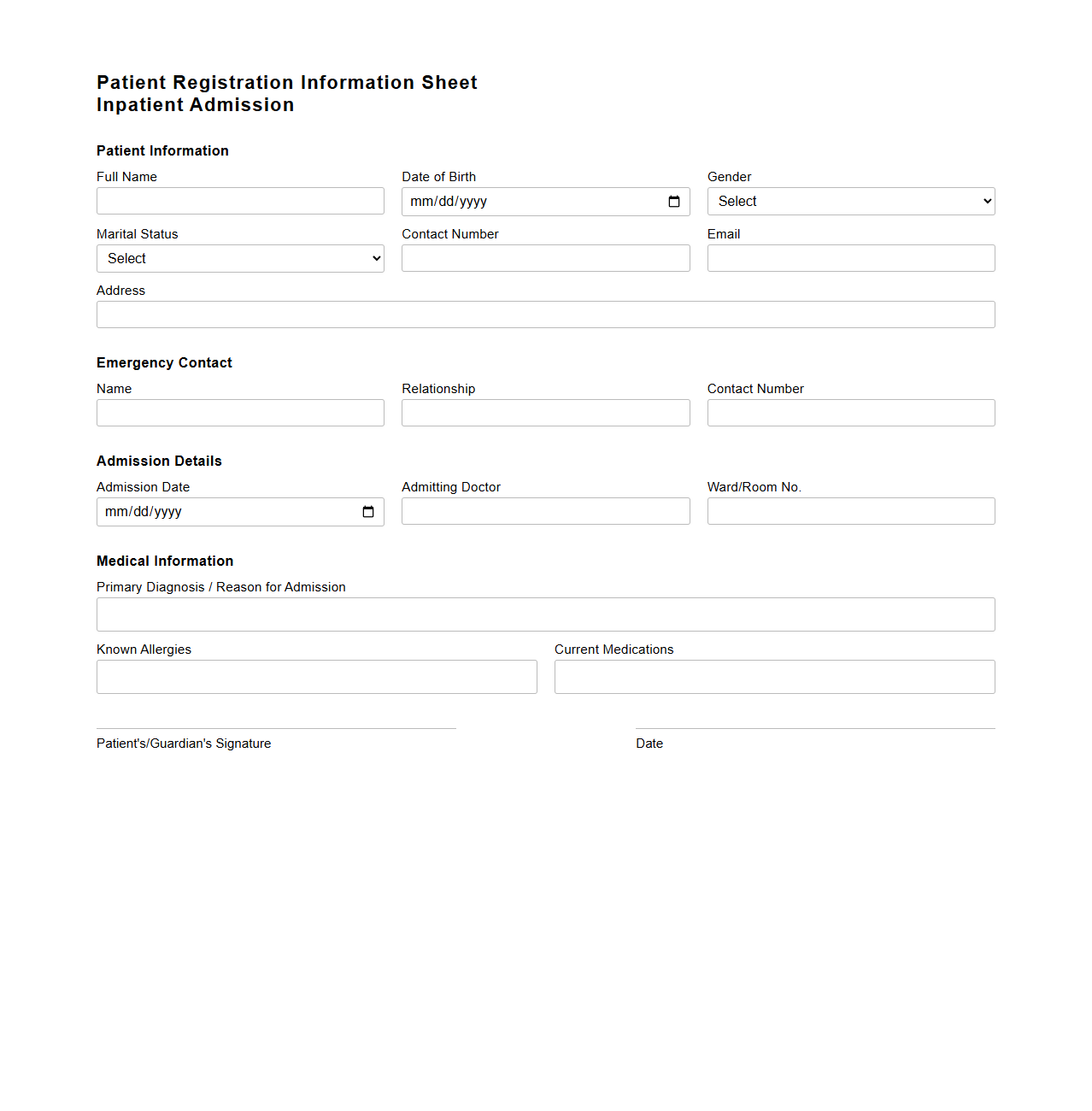 Patient Registration Information Sheet for Inpatient Admission