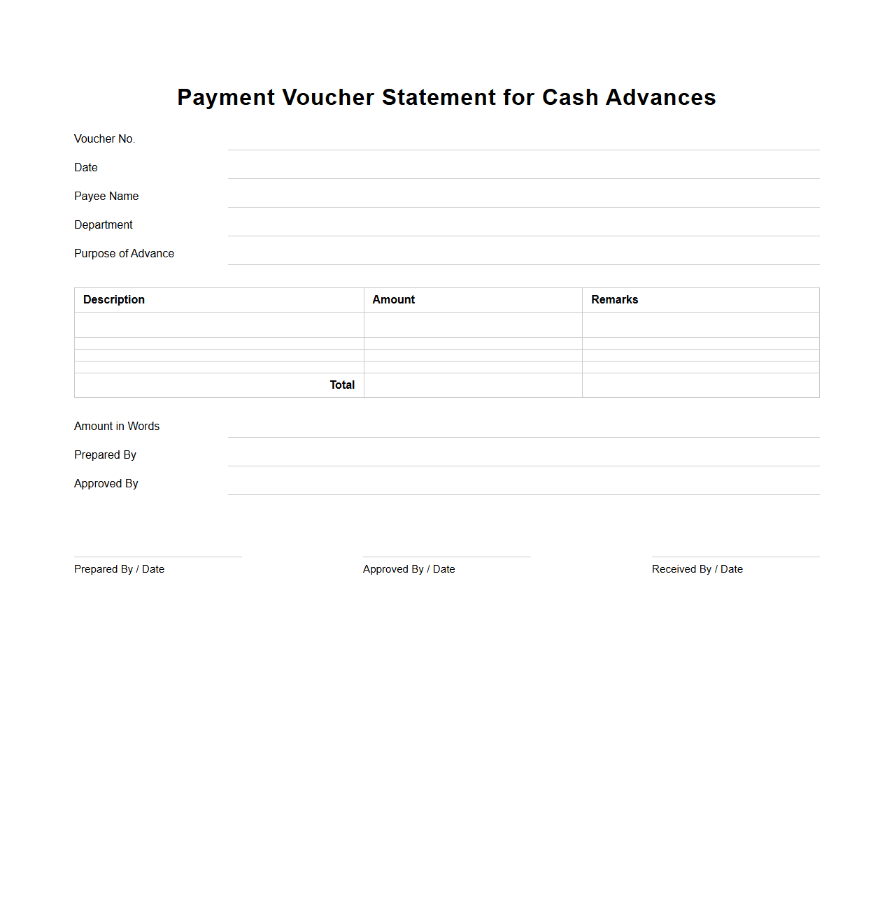 Payment Voucher Statement for Cash Advances
