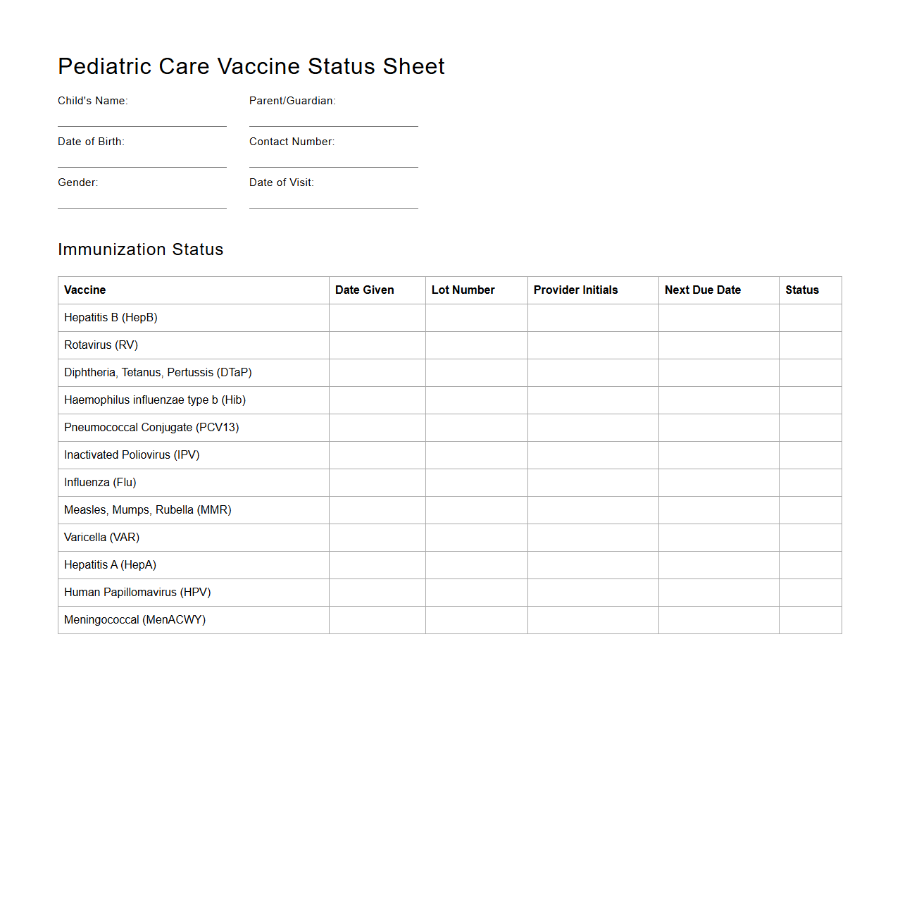 Pediatric Care Vaccine Status Sheet