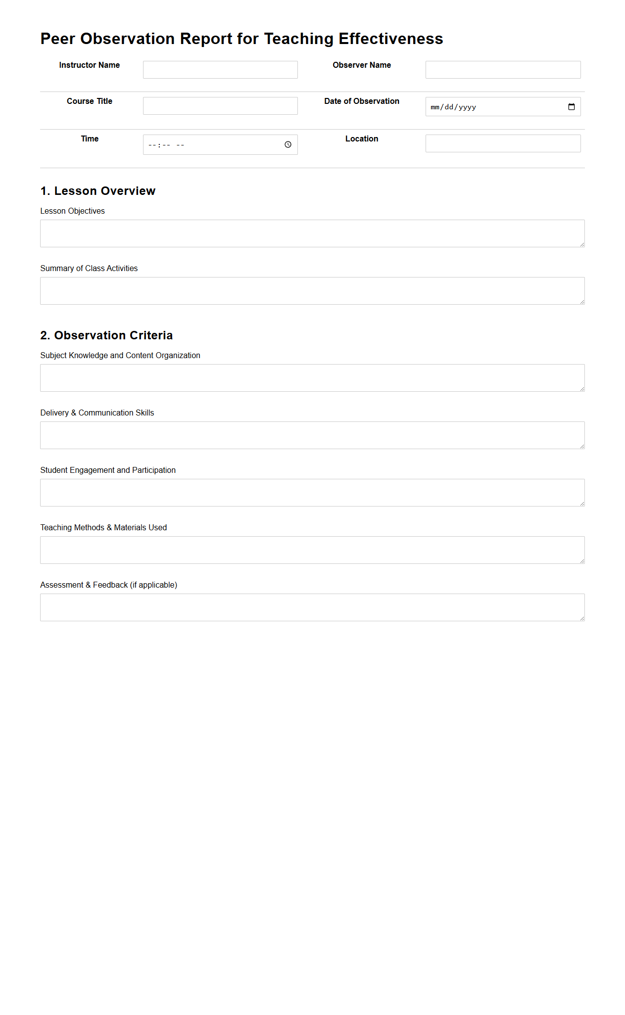 Peer Observation Report for Teaching Effectiveness