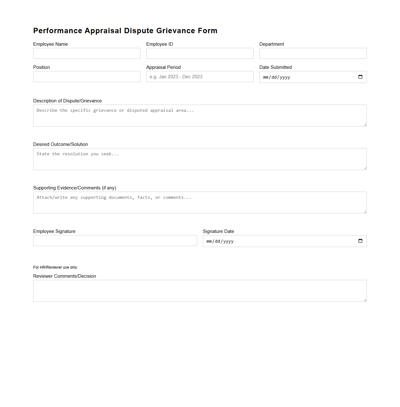 Performance Appraisal Dispute Grievance Form Example