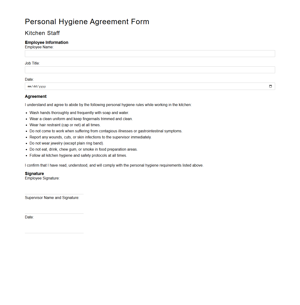 Personal Hygiene Agreement Form for Kitchen Staff