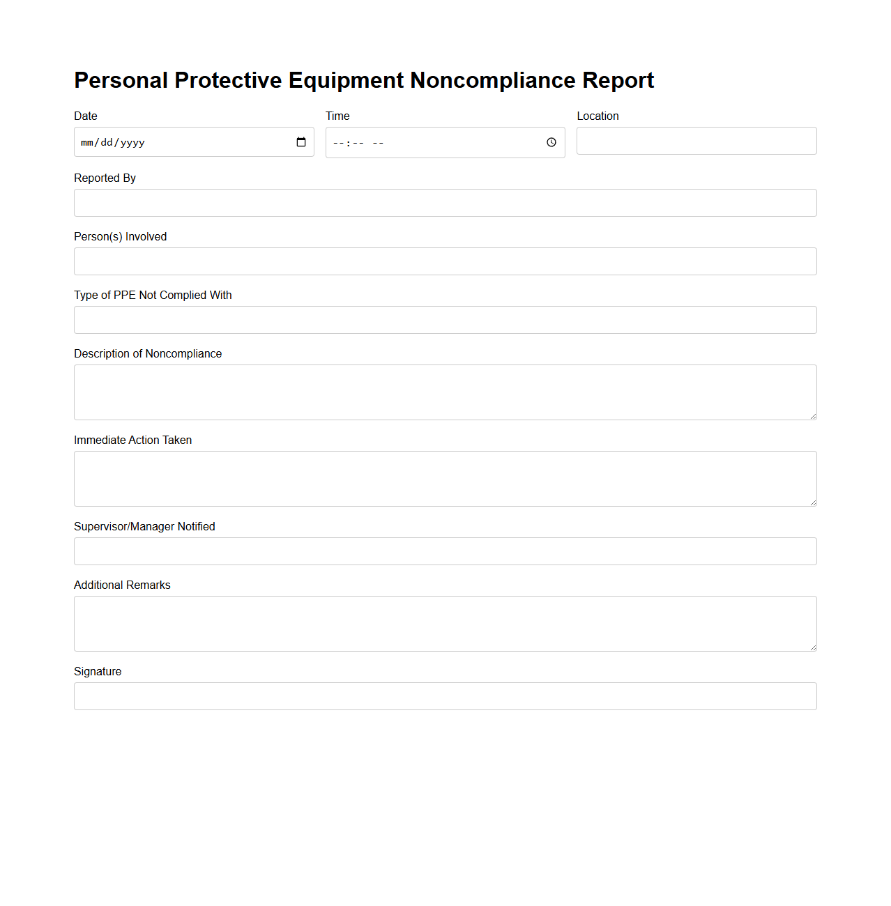 Personal Protective Equipment Noncompliance Report
