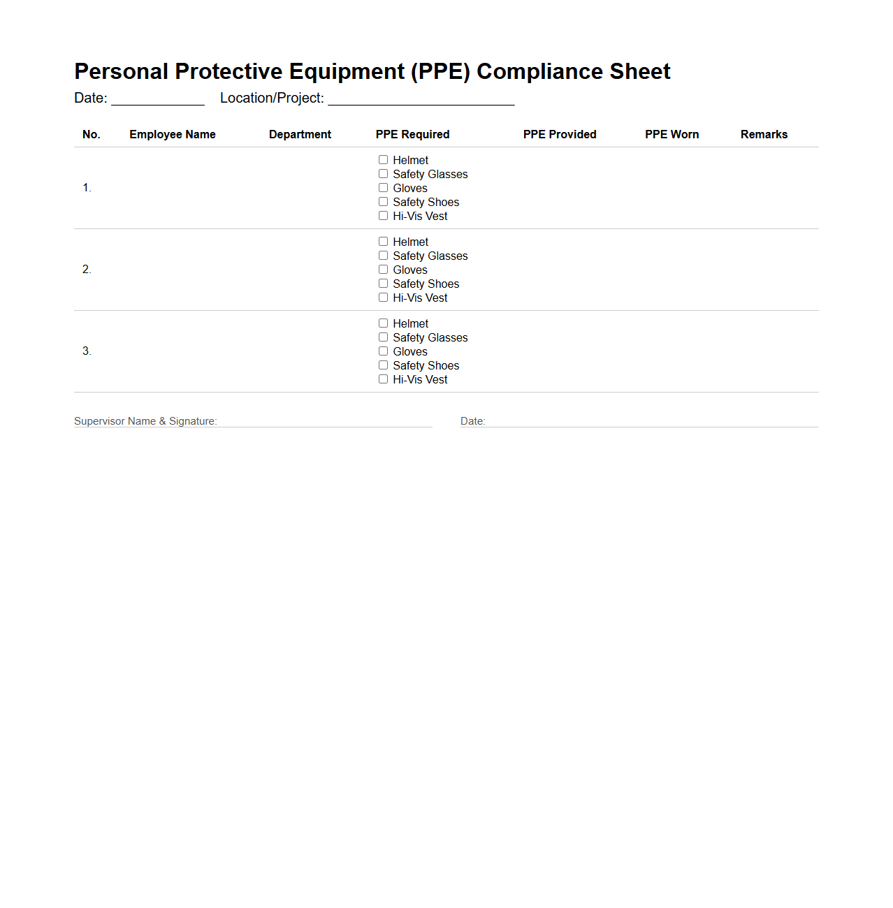 Personal Protective Equipment (PPE) Compliance Sheet