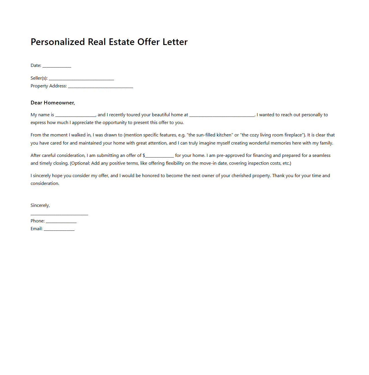 Personalized Real Estate Offer Letter for Sellers