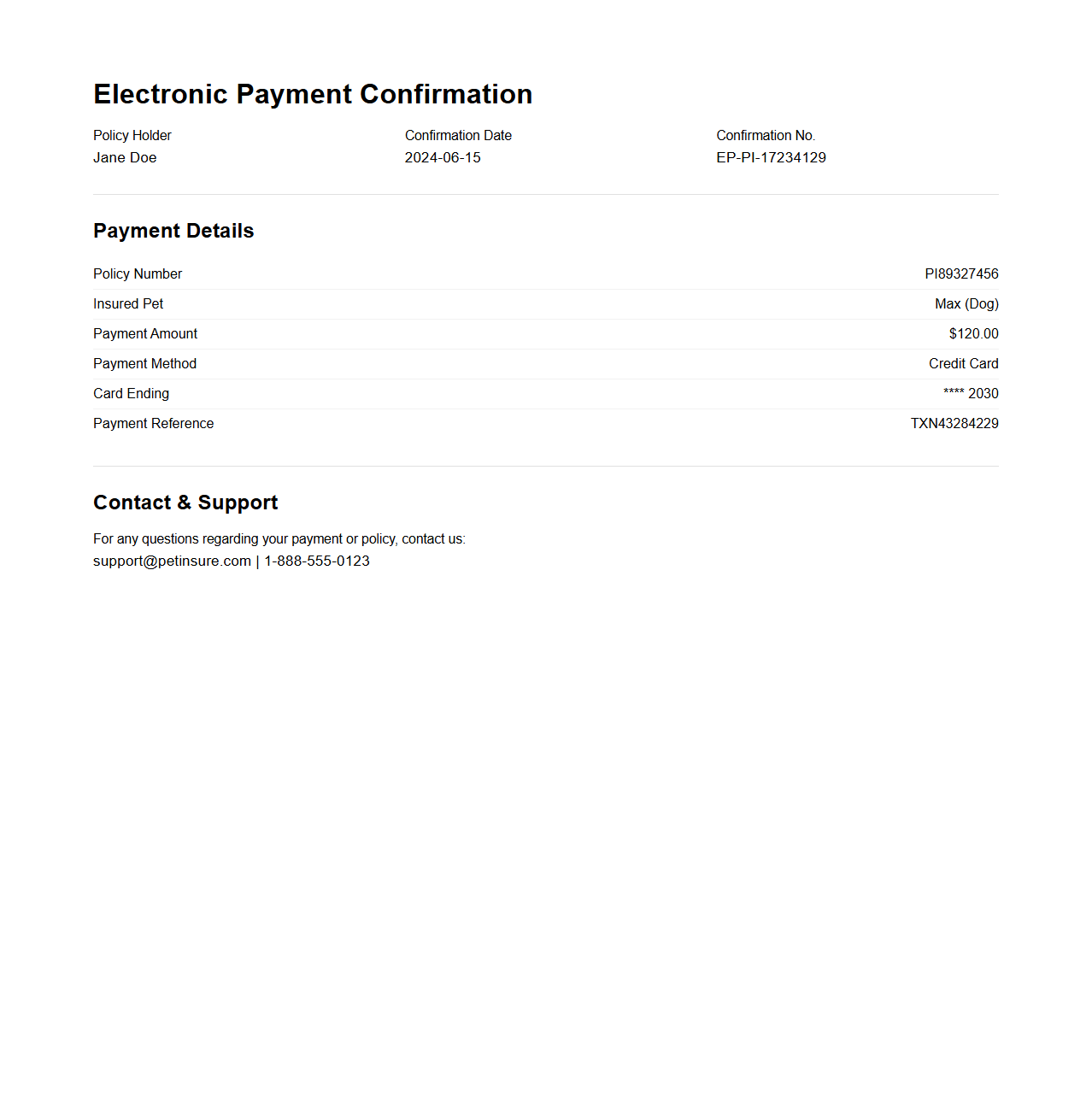 Pet Insurance Electronic Payment Confirmation
