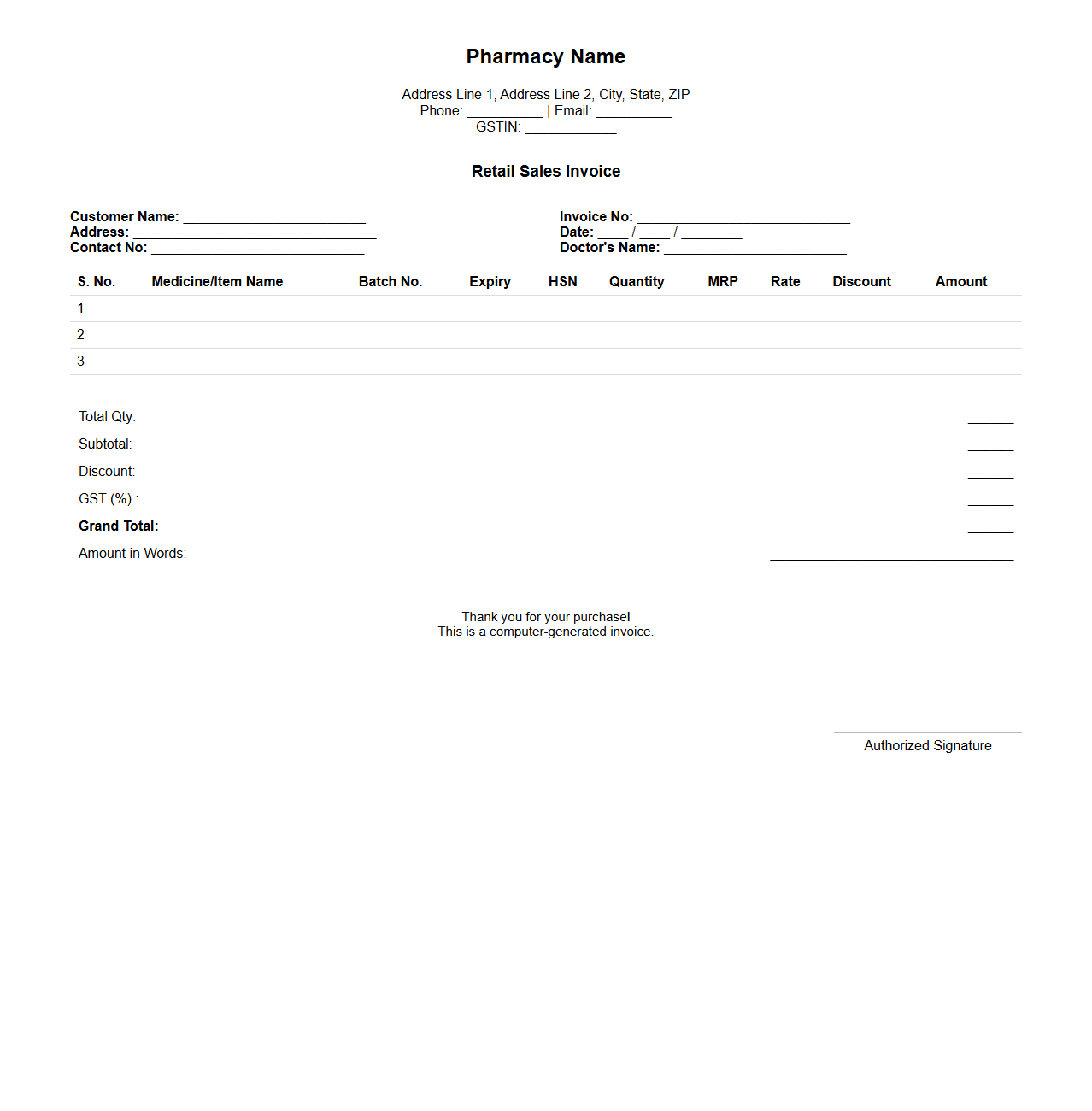 Pharmacy Retail Sales Invoice Format
