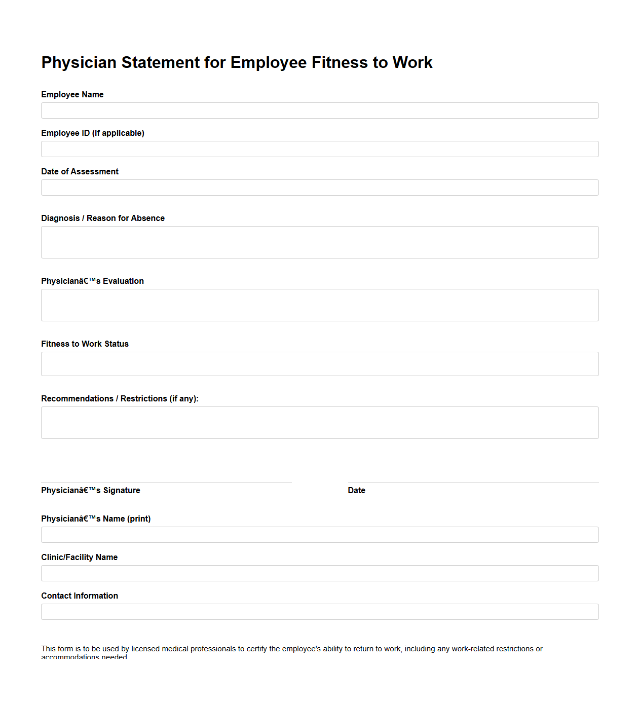 Physician Statement for Employee Fitness to Work