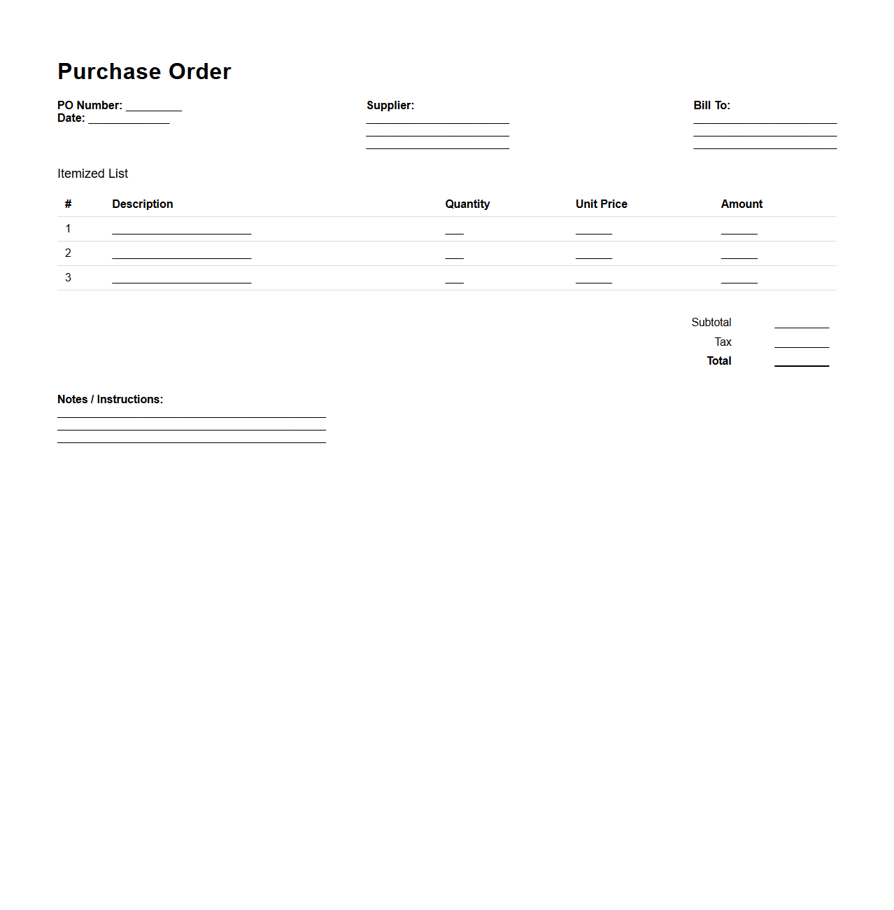 PO Document Sample with Itemized List