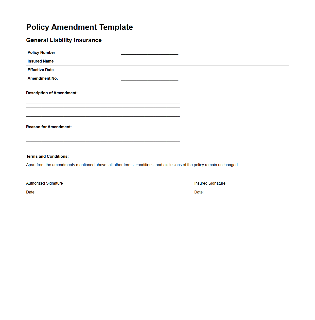Policy Amendment Template for General Liability Insurance