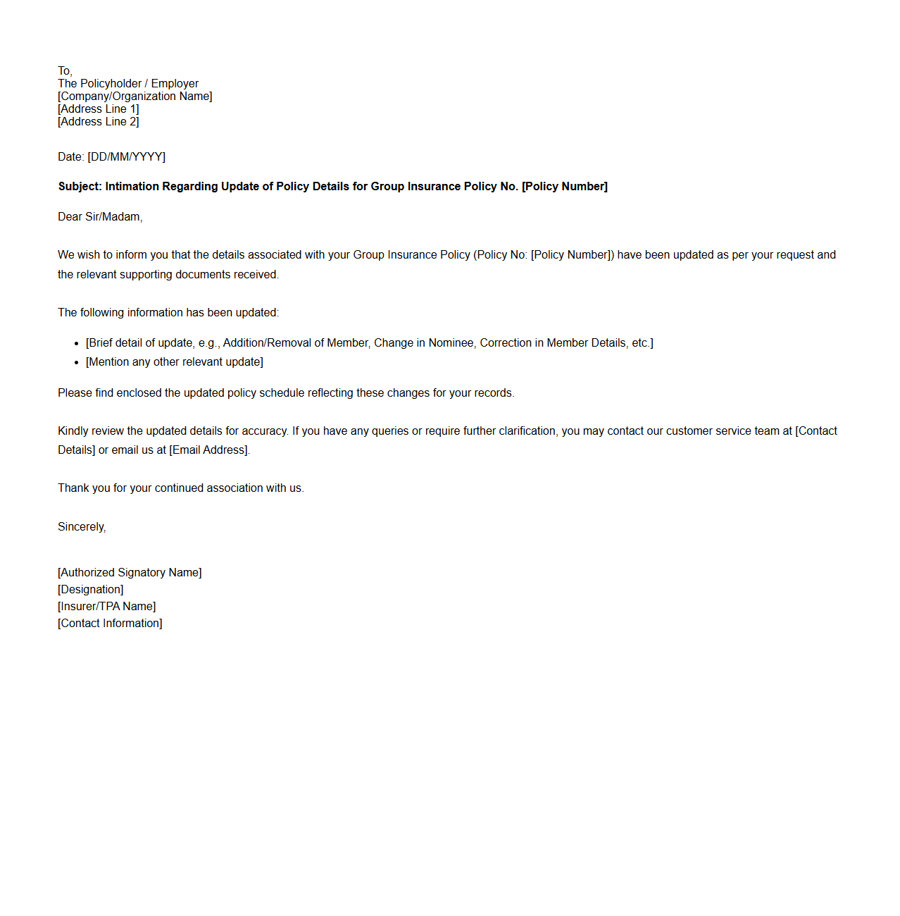 Policy Details Update Intimation Letter for Group Insurance