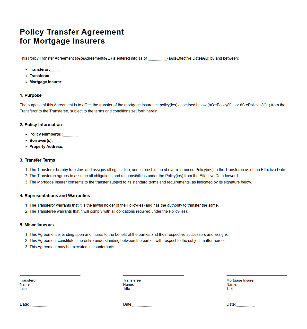 Policy Transfer Agreement for Mortgage Insurers