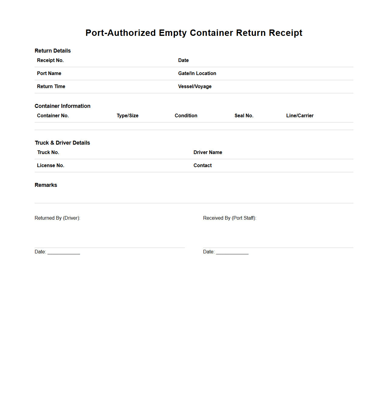 Port-Authorized Empty Container Return Receipt Template