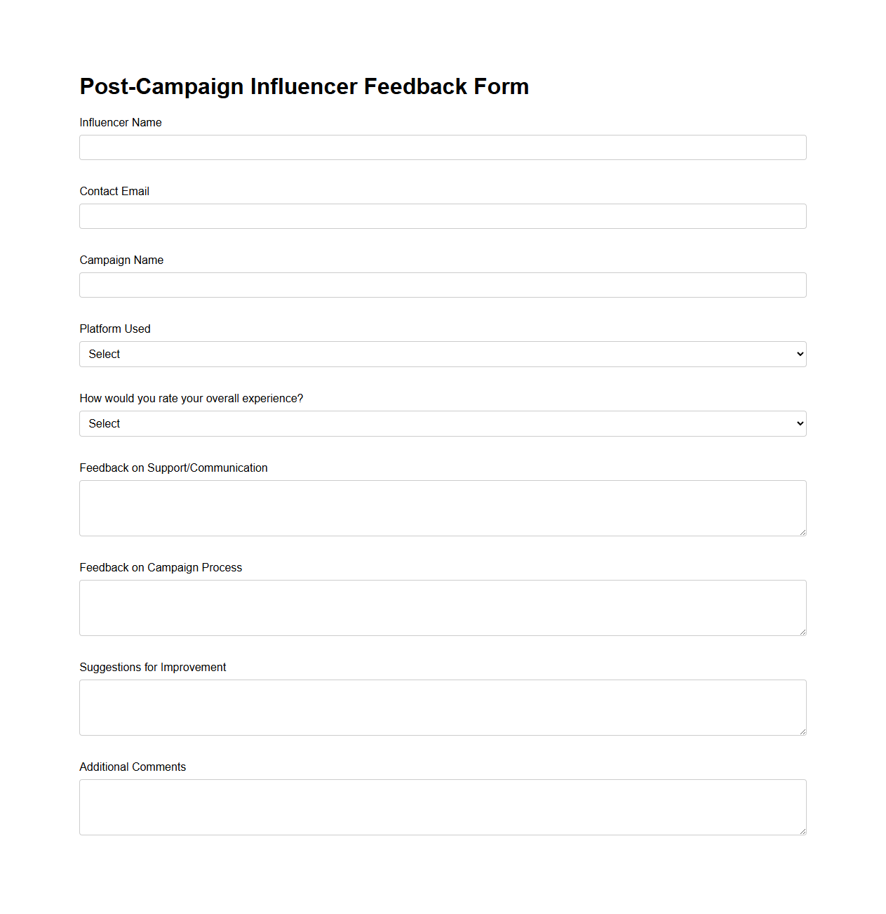 Post-Campaign Influencer Feedback Form