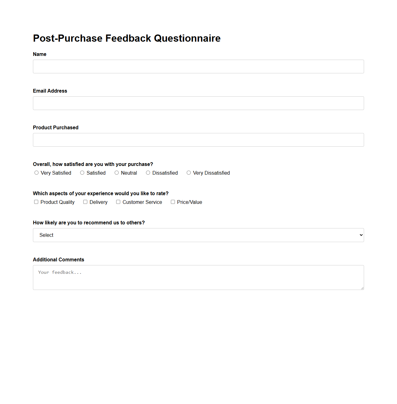 Post-Purchase Feedback Questionnaire for Retail Customers