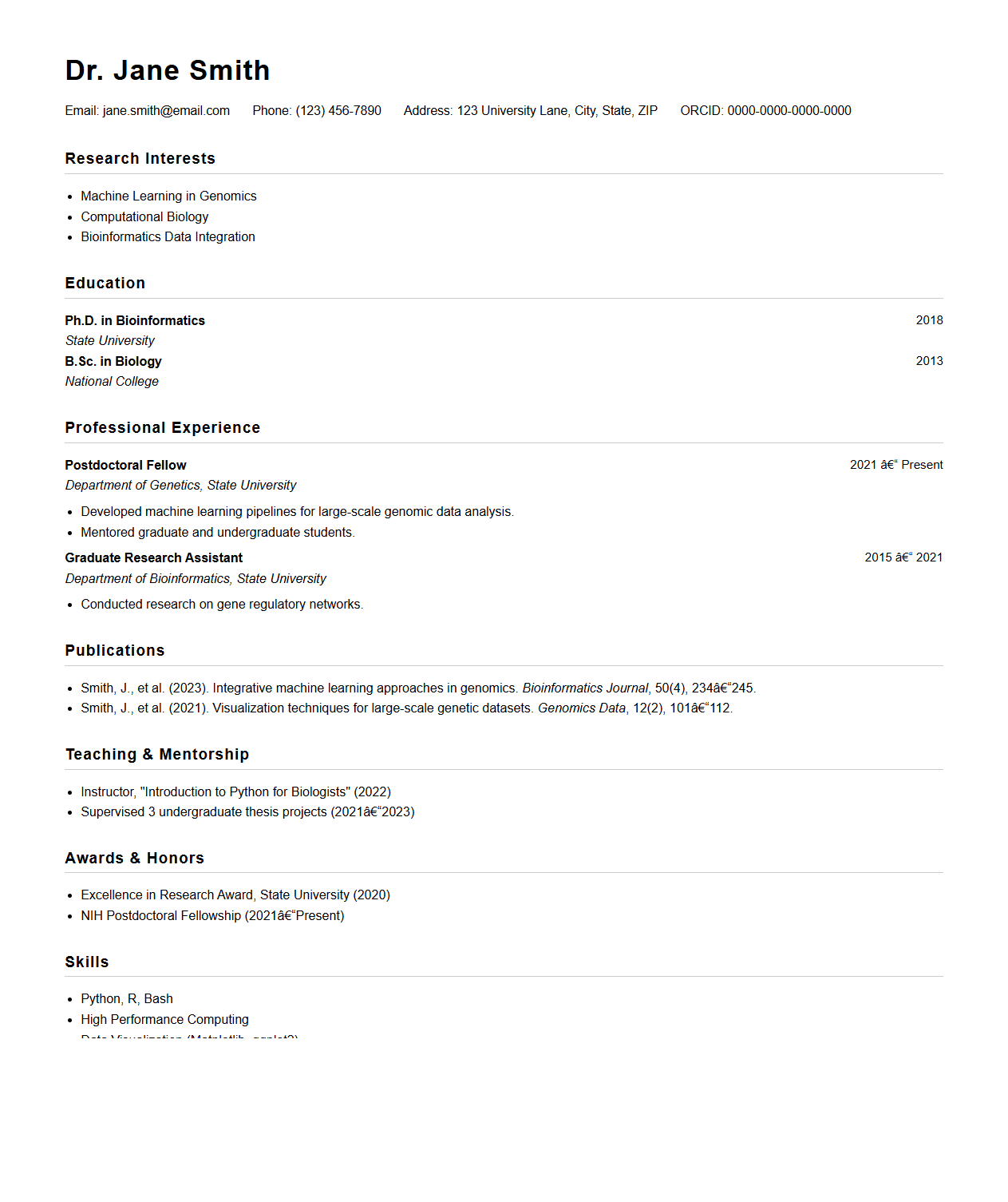 Postdoctoral Fellow Curriculum Vitae Sample