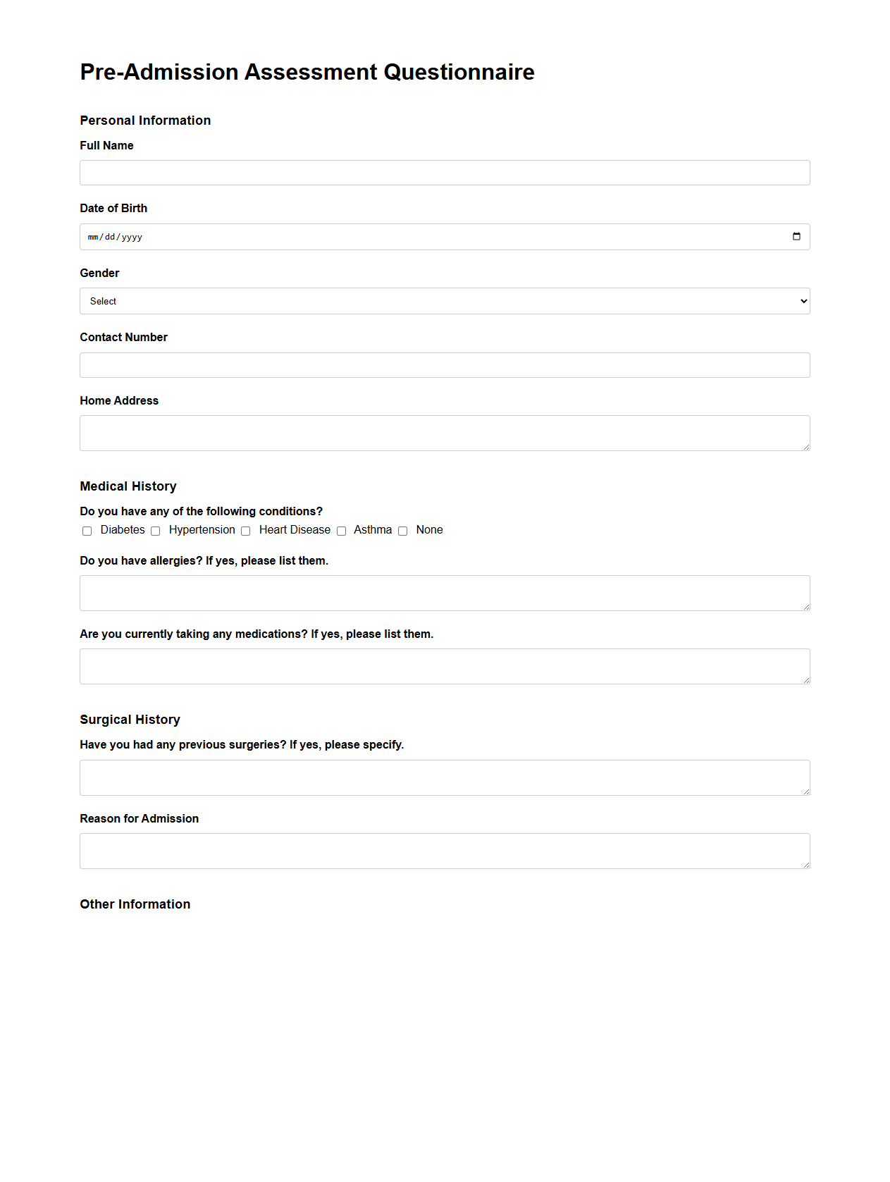 Pre-Admission Assessment Questionnaire