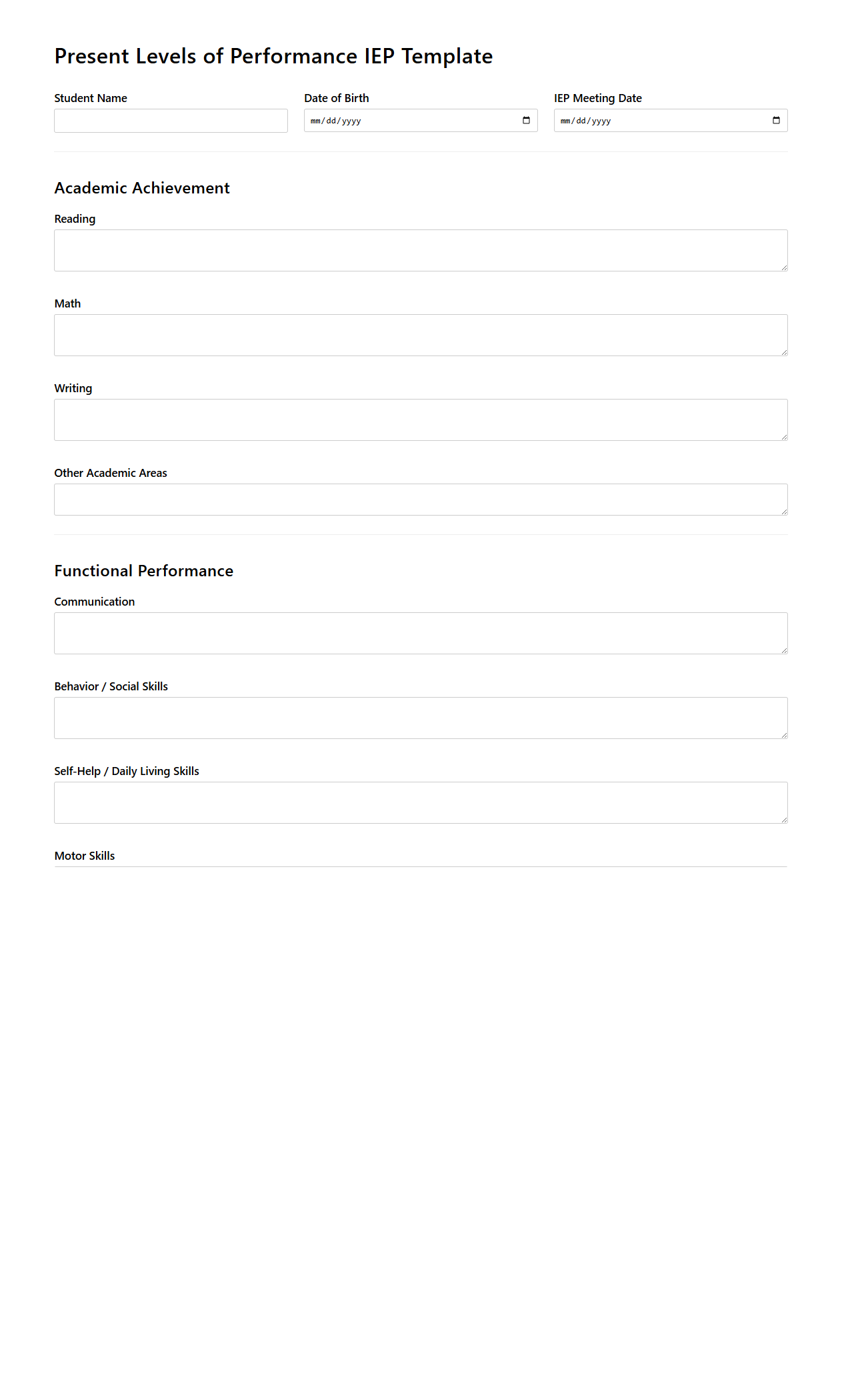 Present Levels of Performance IEP Template