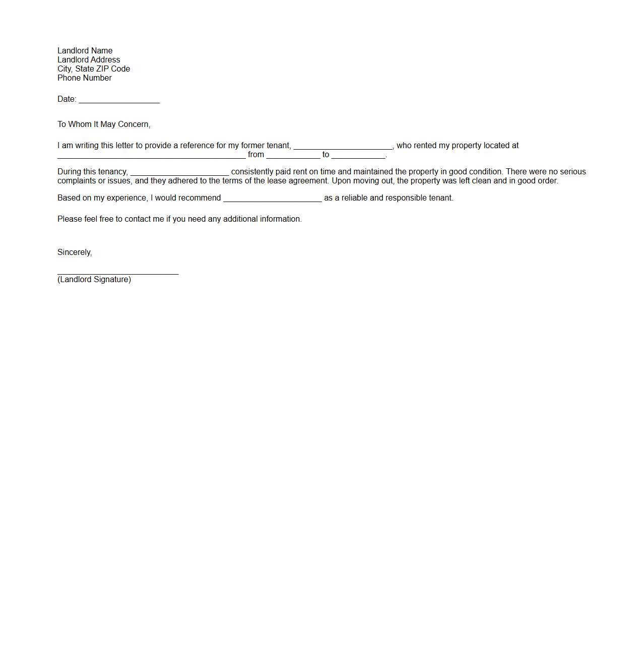 Previous Landlord Reference Letter Example