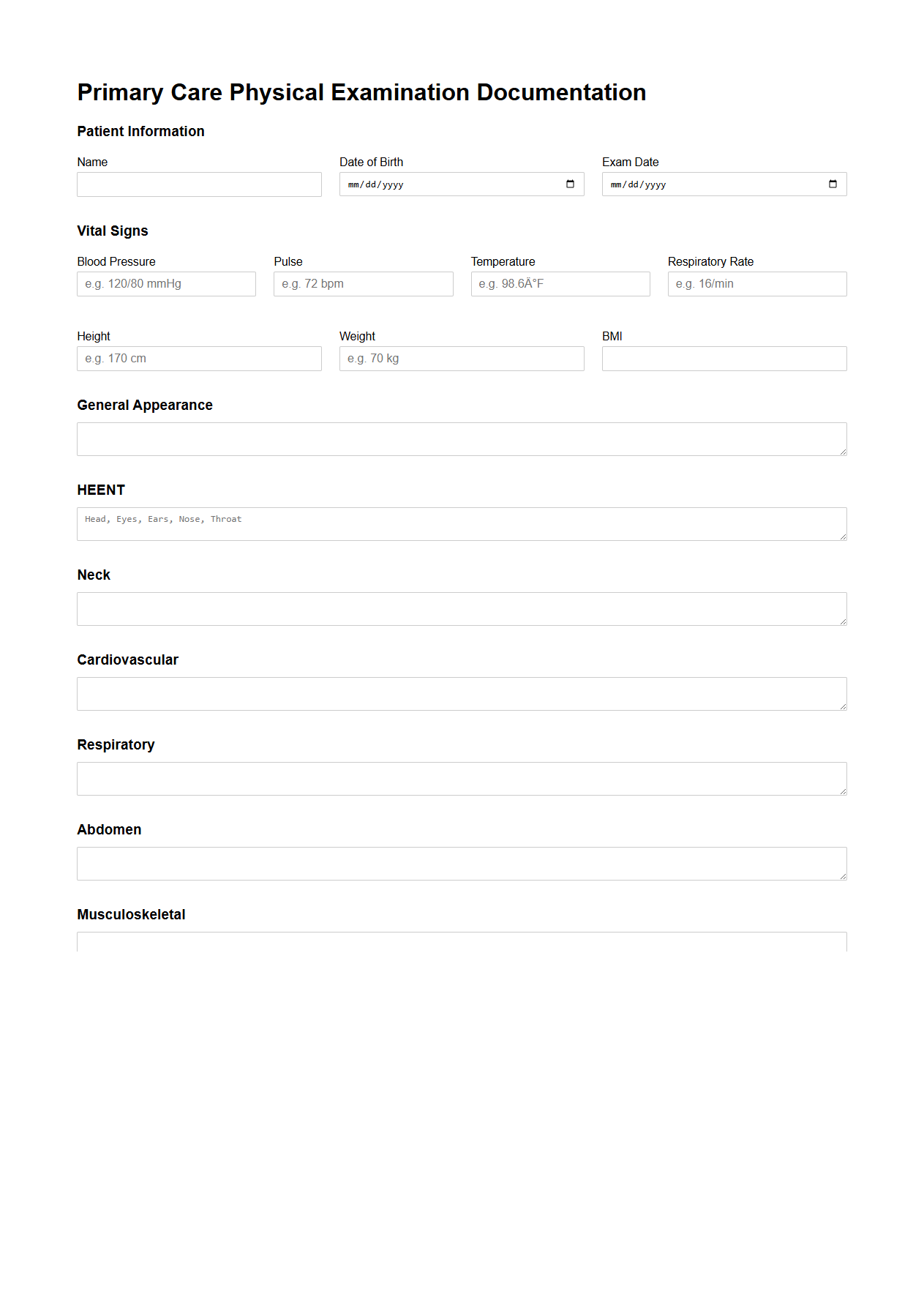 Primary Care Physical Examination Documentation Format