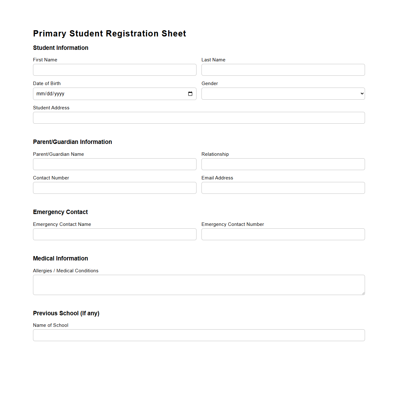 Primary Student Registration Sheet