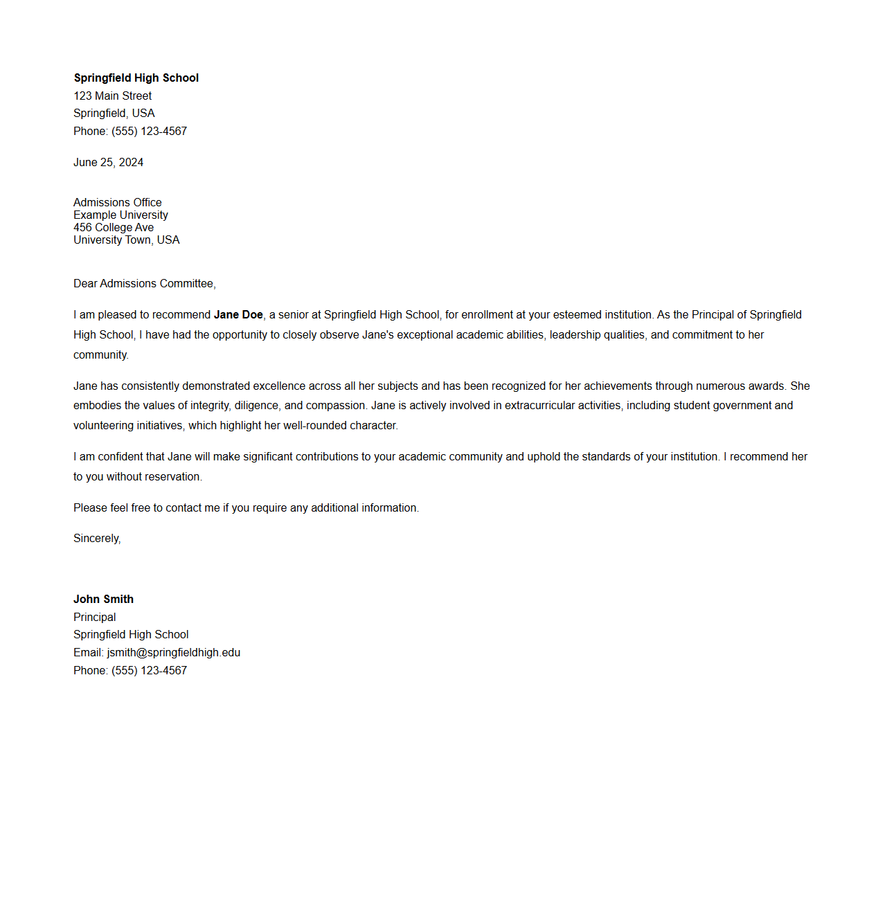 Principal’s Recommendation Letter for Student Enrollment