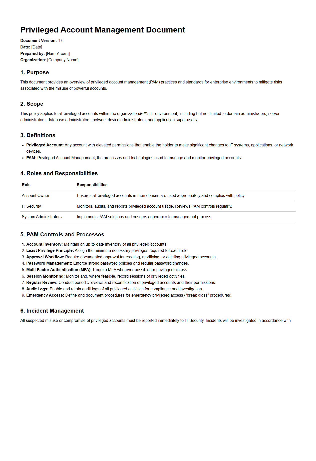 Privileged Account Management Document Example for Enterprise Environments