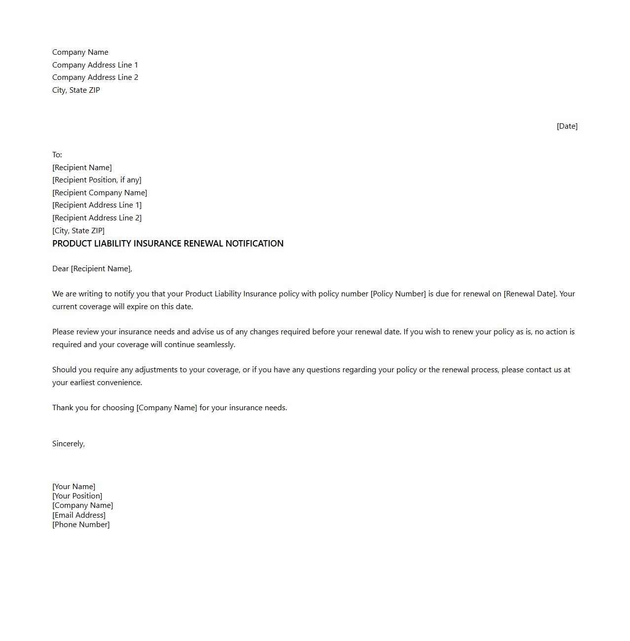 Product Liability Insurance Renewal Notification Letter