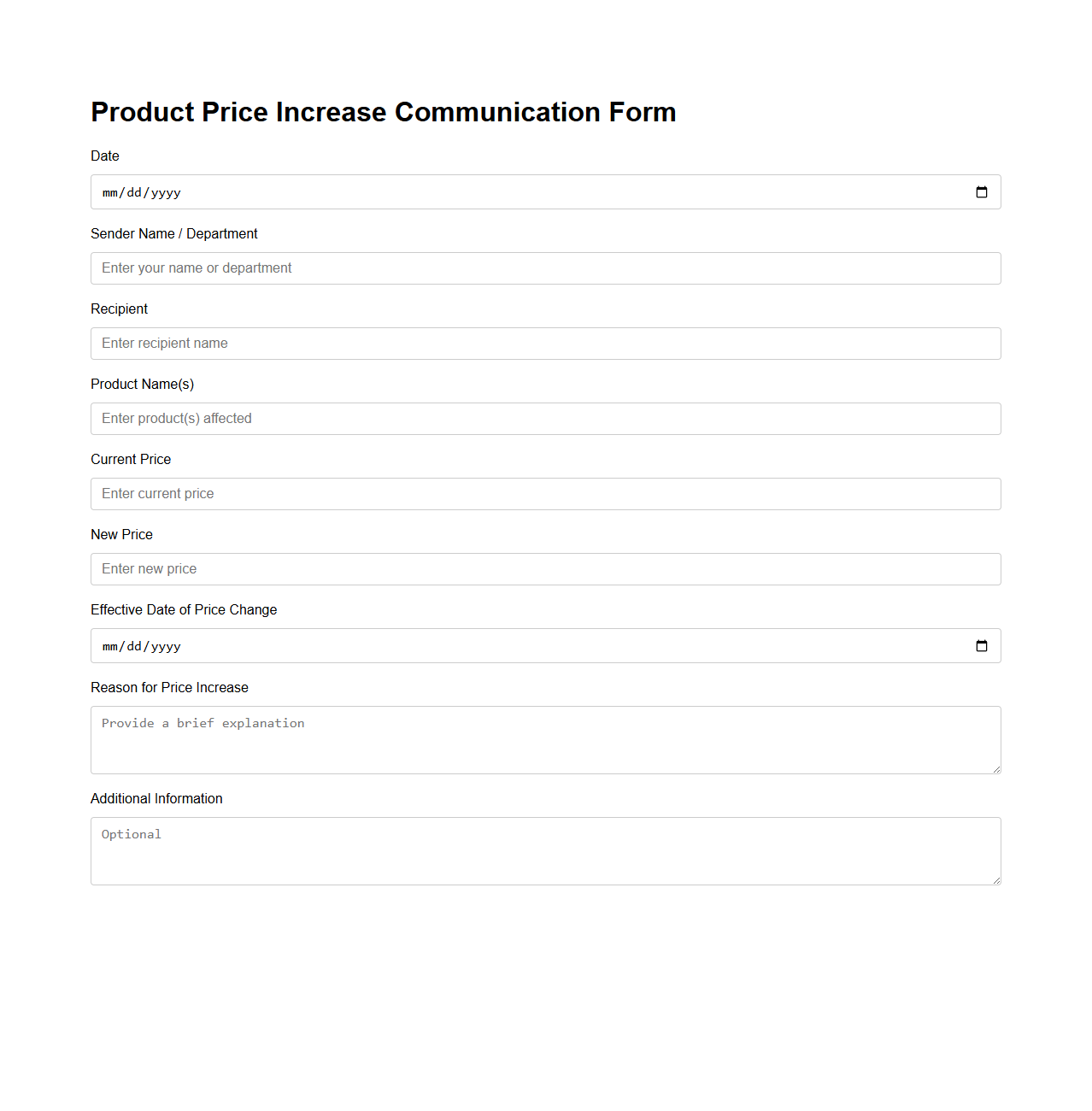 Product Price Increase Communication Form