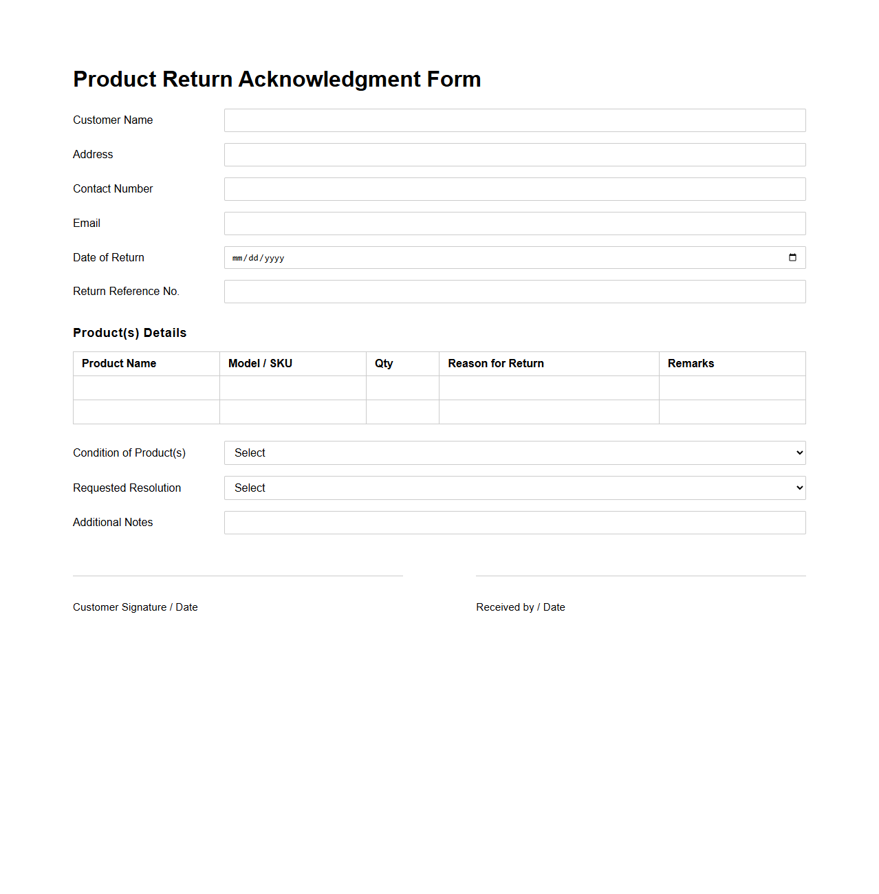 Product Return Acknowledgment Form