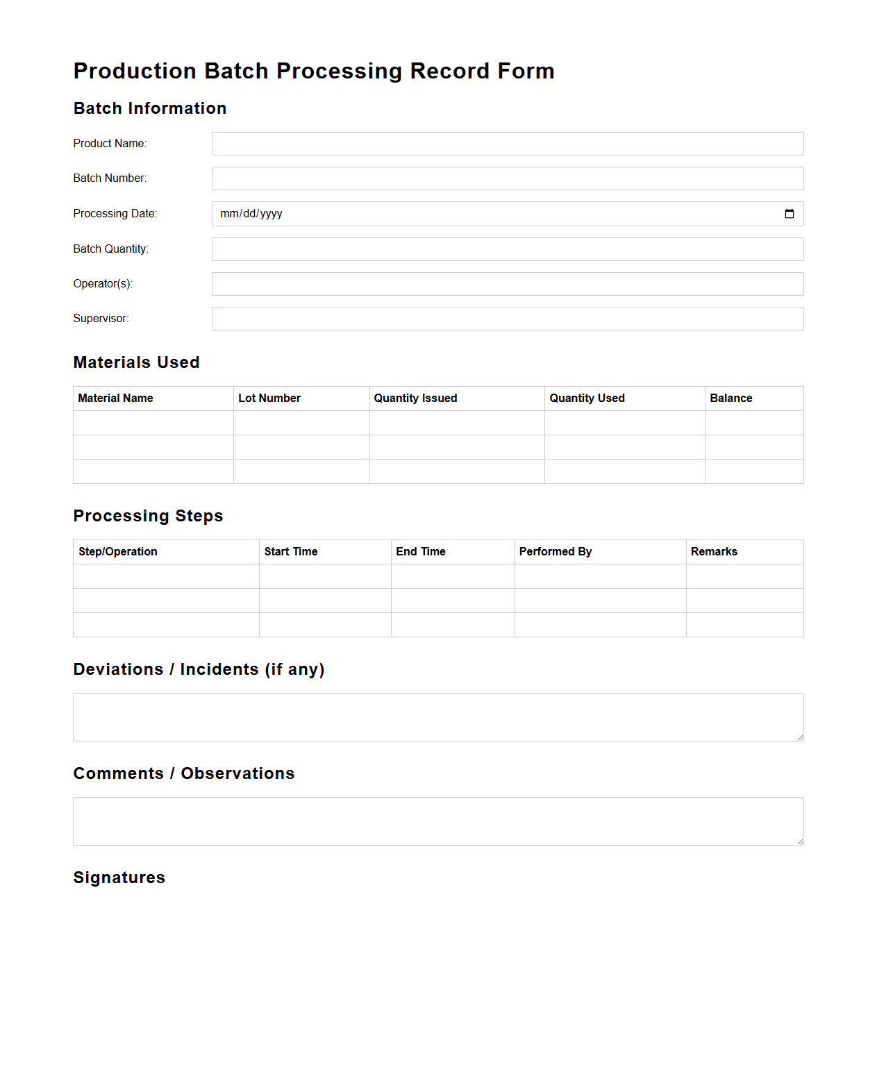 Production Batch Processing Record Form
