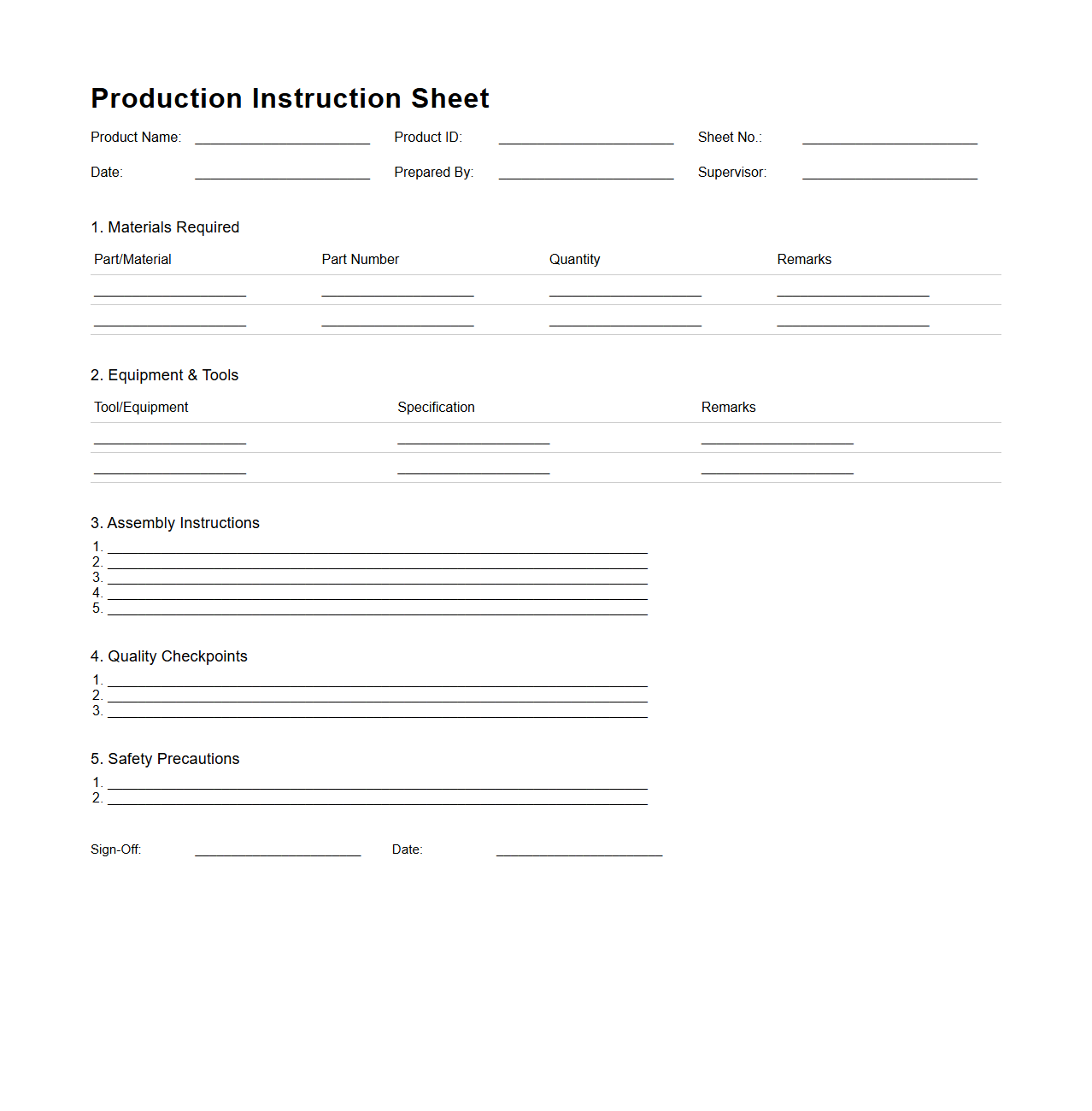 Production Instruction Sheet for Assembly Line Operations