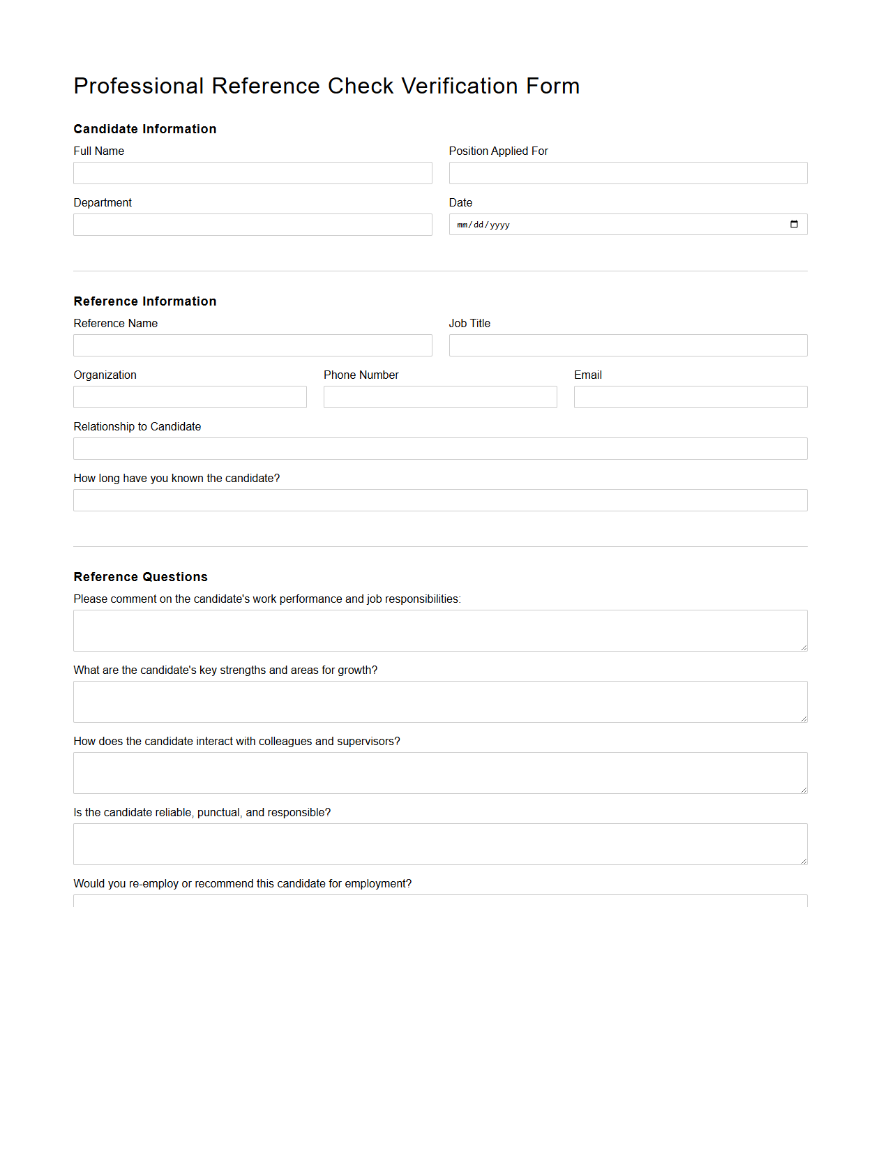 Professional Reference Check Verification Form