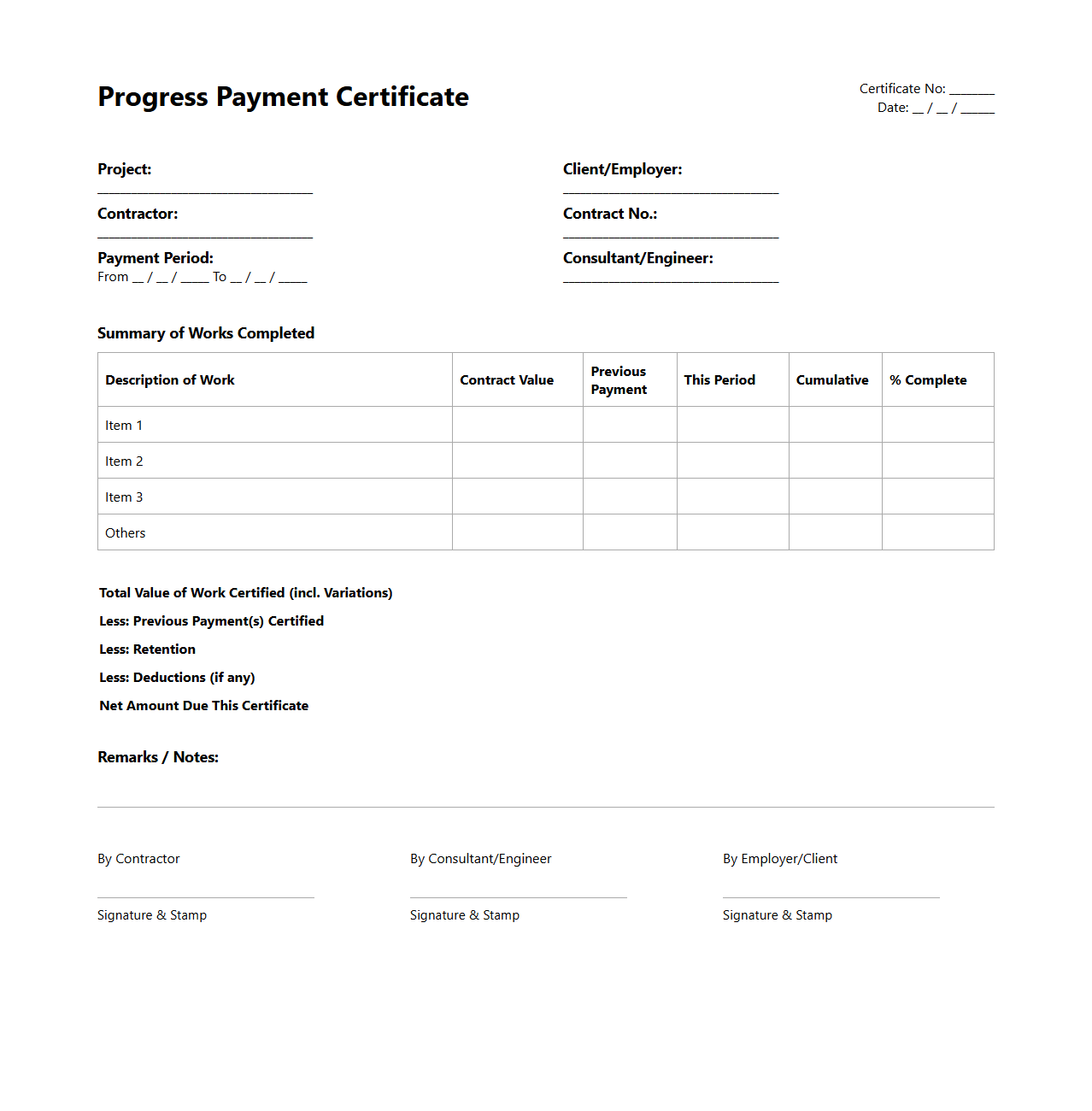 Progress Payment Certificate Document Template