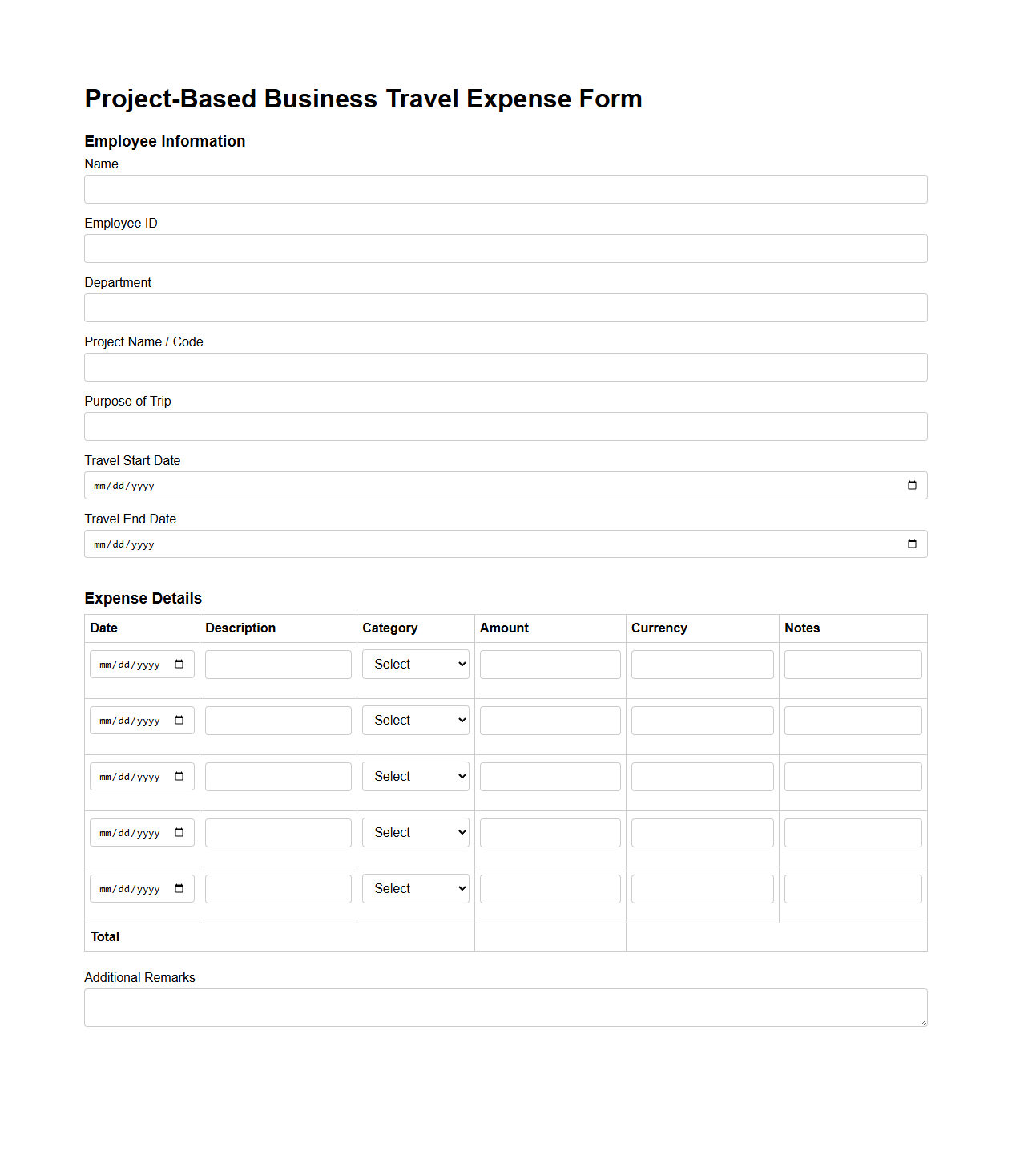 Project-Based Business Travel Expense Form