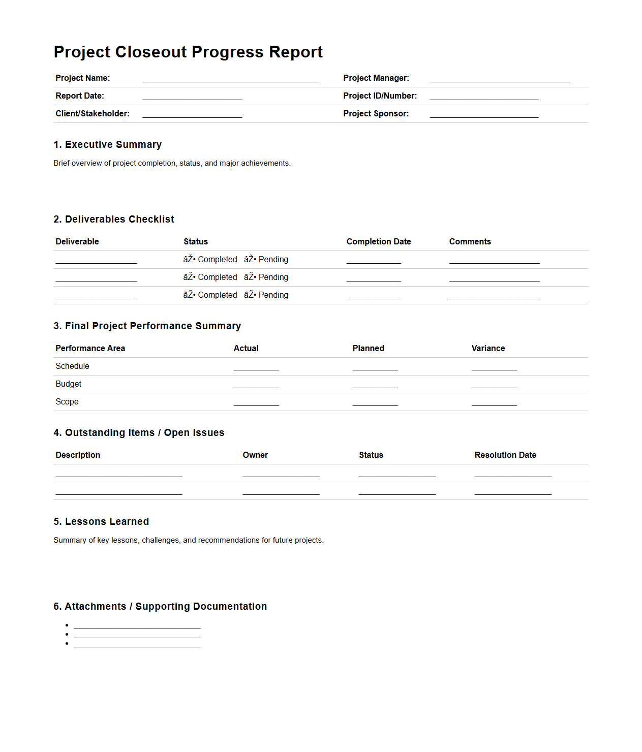 Project Closeout Progress Report Template