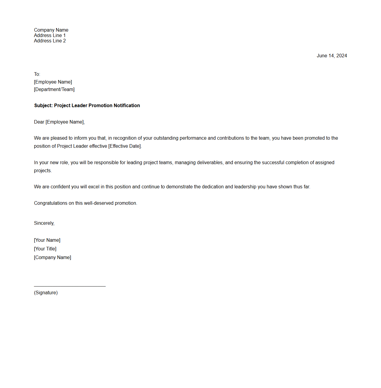 Project Leader Promotion Notification Letter