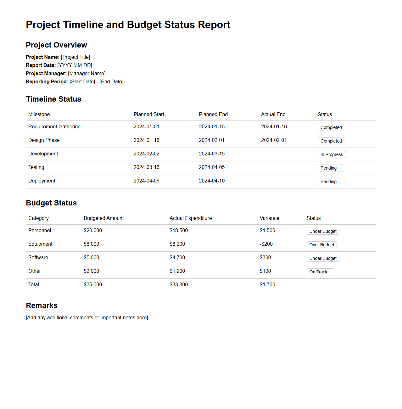 Project Timeline and Budget Status Report Example