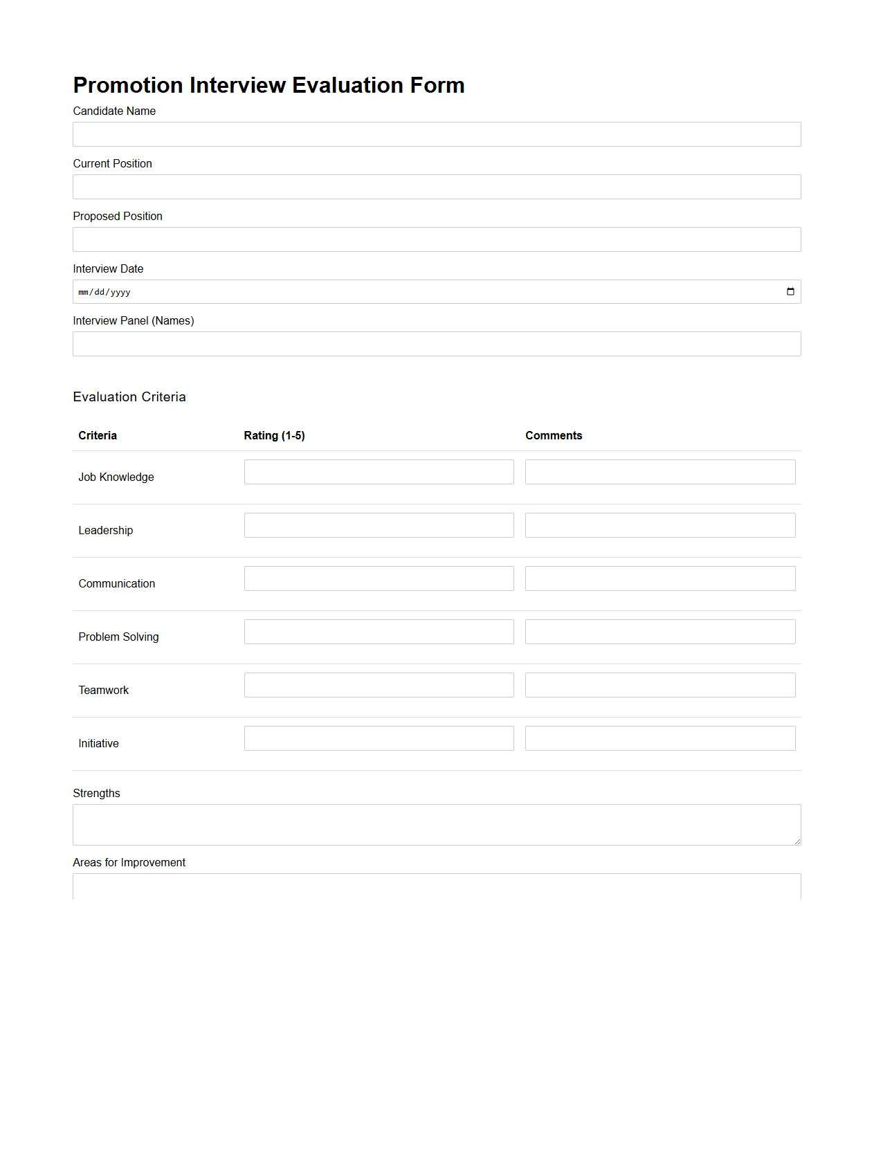 Promotion Interview Evaluation Form Format