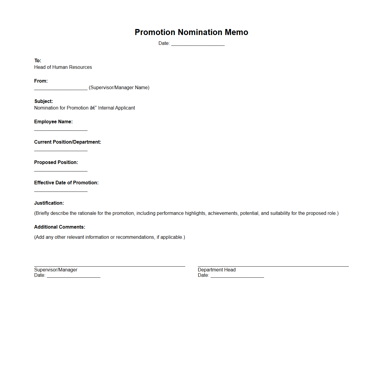 Promotion Nomination Memo for Internal Applicants