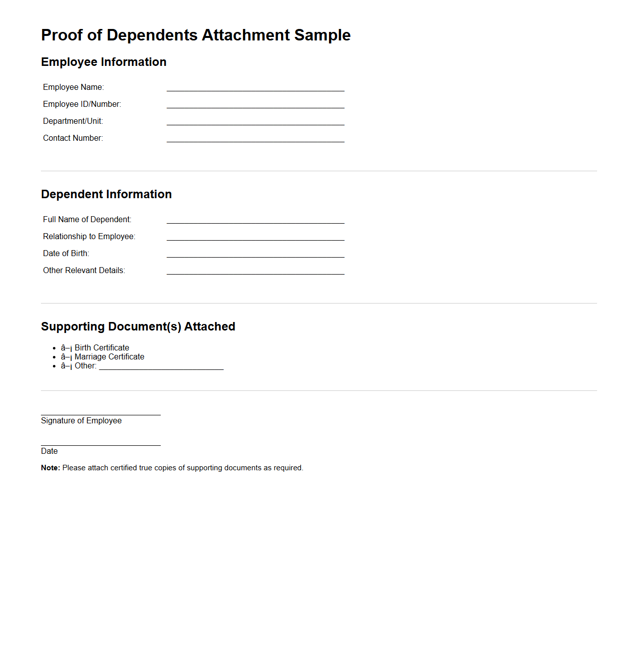 Proof of Dependents Attachment Sample