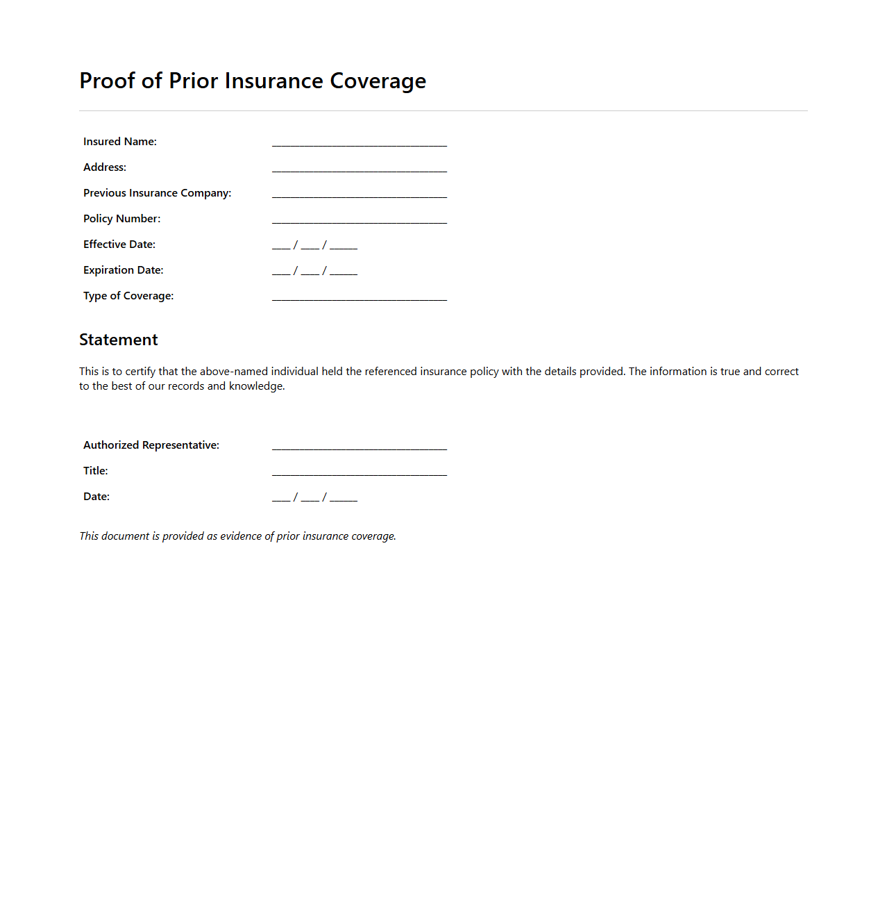 Proof of Prior Insurance Coverage Sample