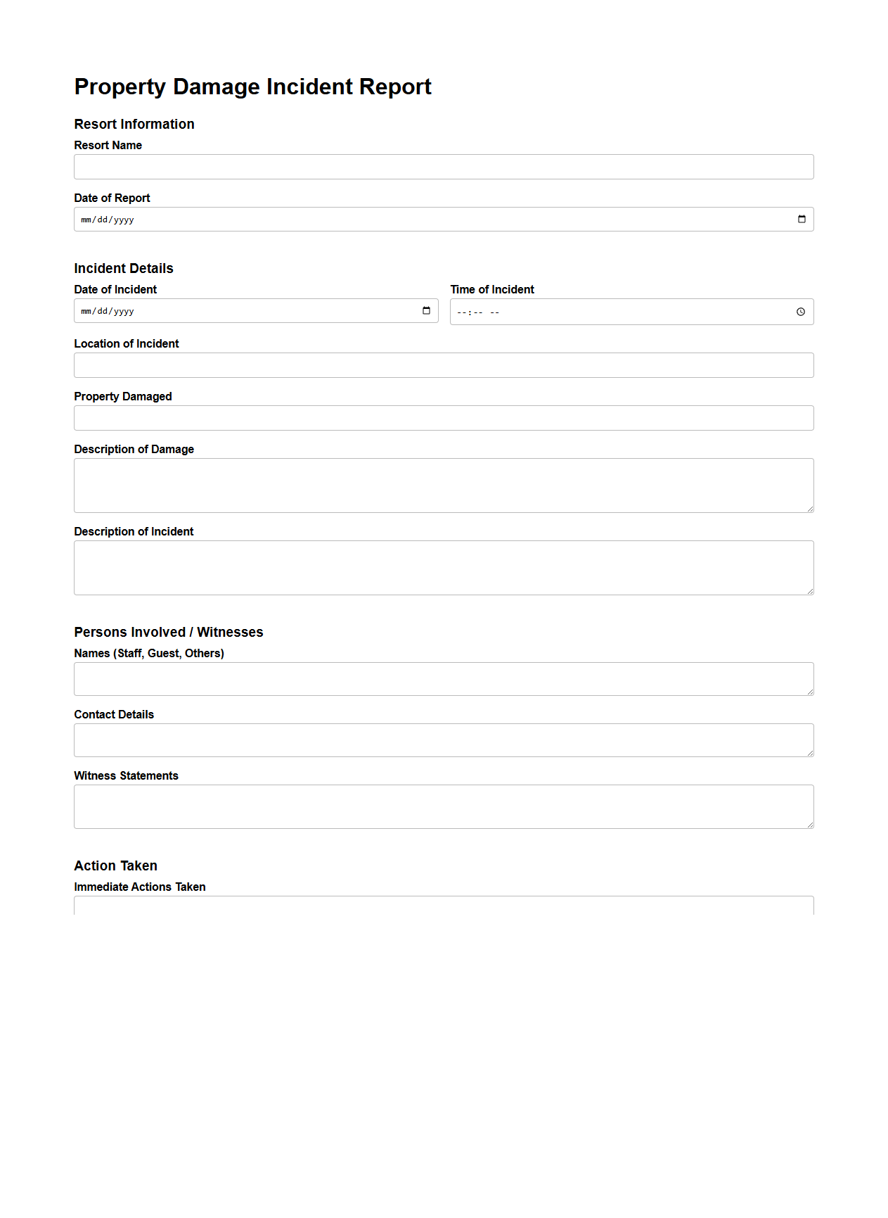 Property Damage Incident Report Template for Resorts