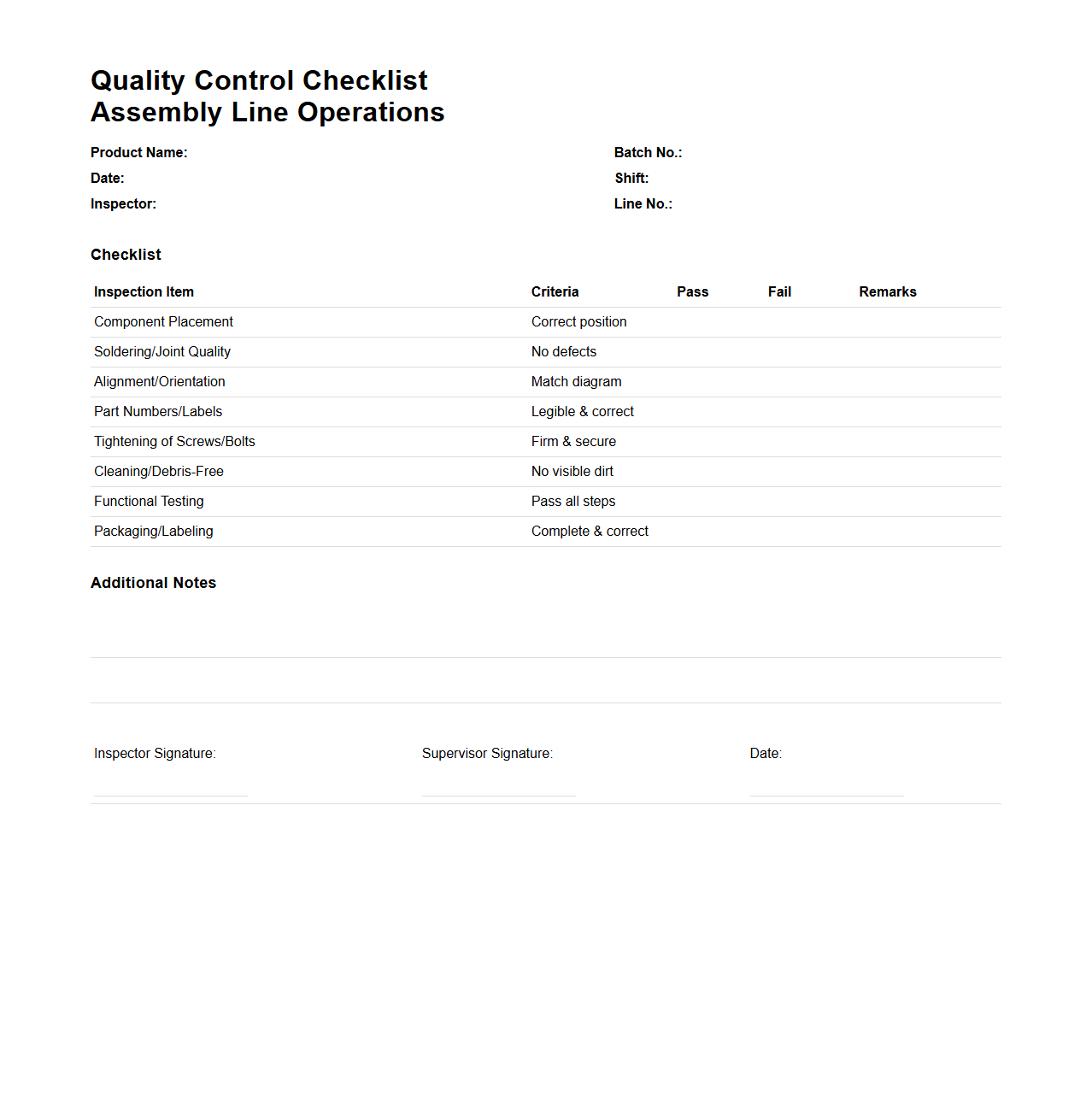 Quality Control Checklist for Assembly Line Operations