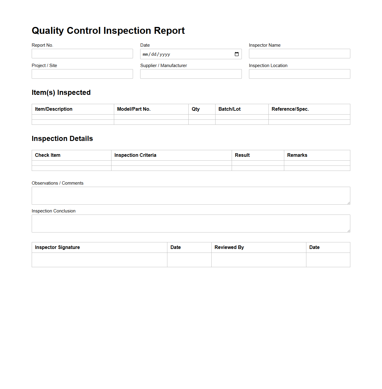 Quality Control Inspection Report