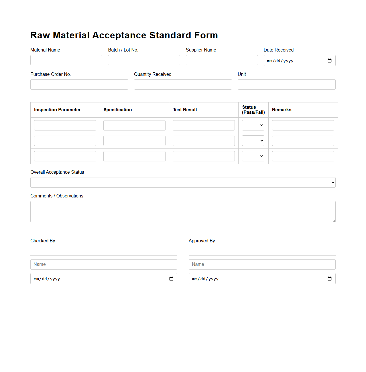 Raw Material Acceptance Standard Form